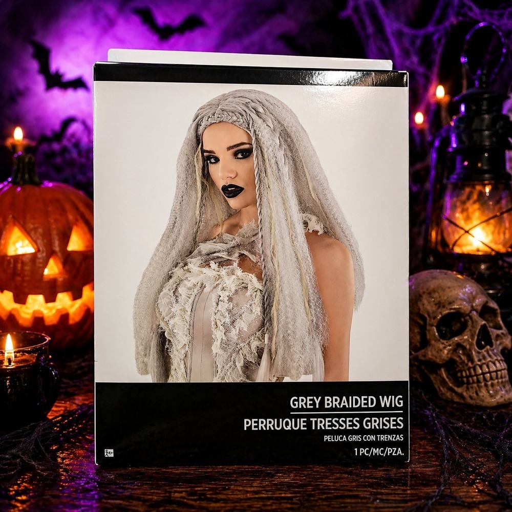 Grey Braided Wig Halloween Costume Gothic Witch Ghost Cosplay Long Braids Adult